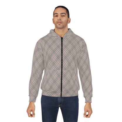 Man wearing a plaid hoodie on a white background