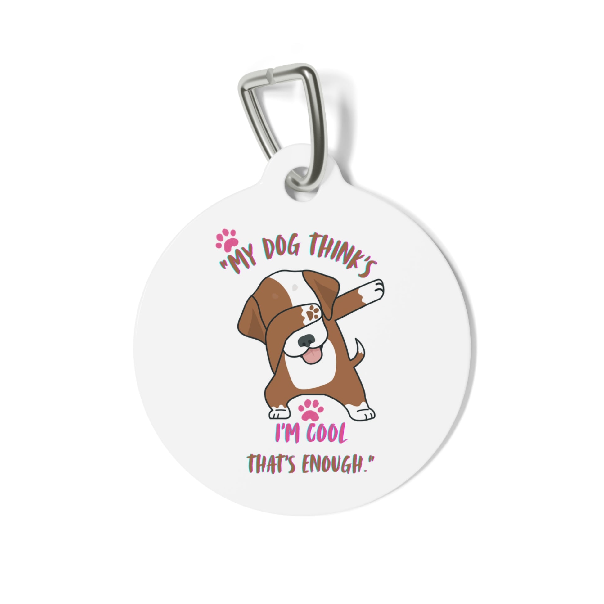 Round metal pet tag with custom engraving, attached to a collar

