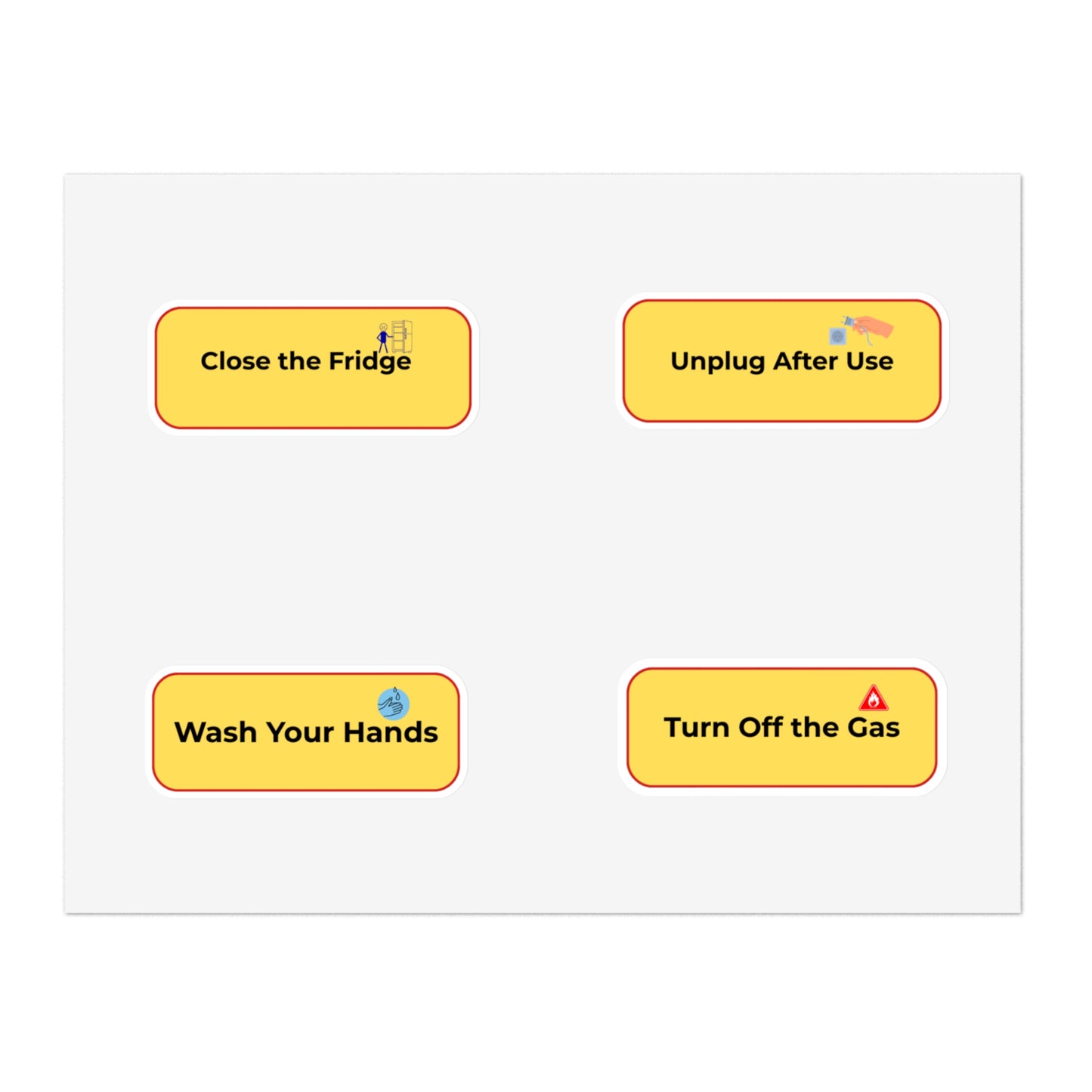 Four yellow buttons with safety instructions on a white background