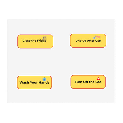 Four yellow buttons with safety instructions on a white background