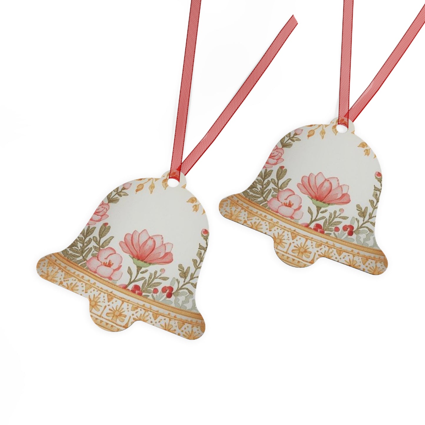 Elegant floral Christmas bell ornament hanging on a festive Christmas tree branch