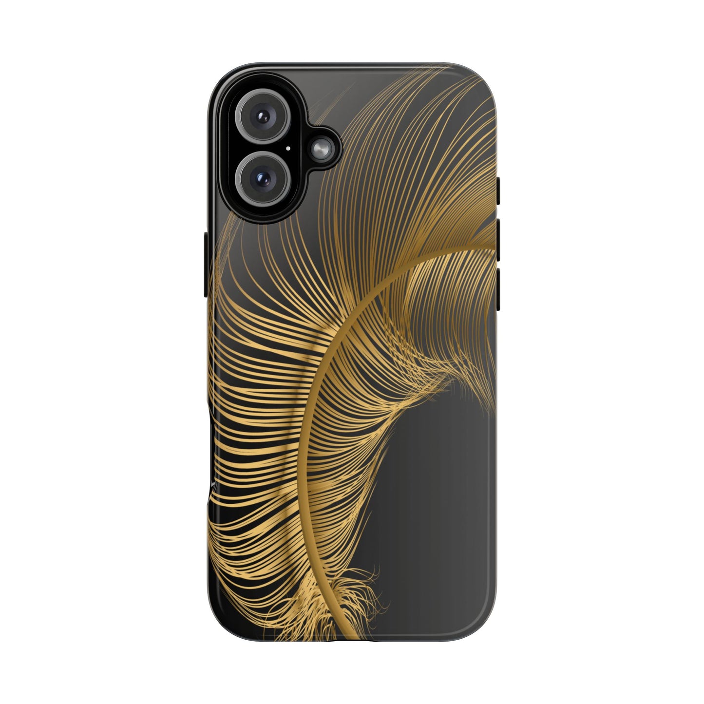 glossy black i phone 16+ case with golden feather design- elegant and protectve