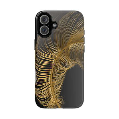 glossy black i phone 16+ case with golden feather design- elegant and protectve