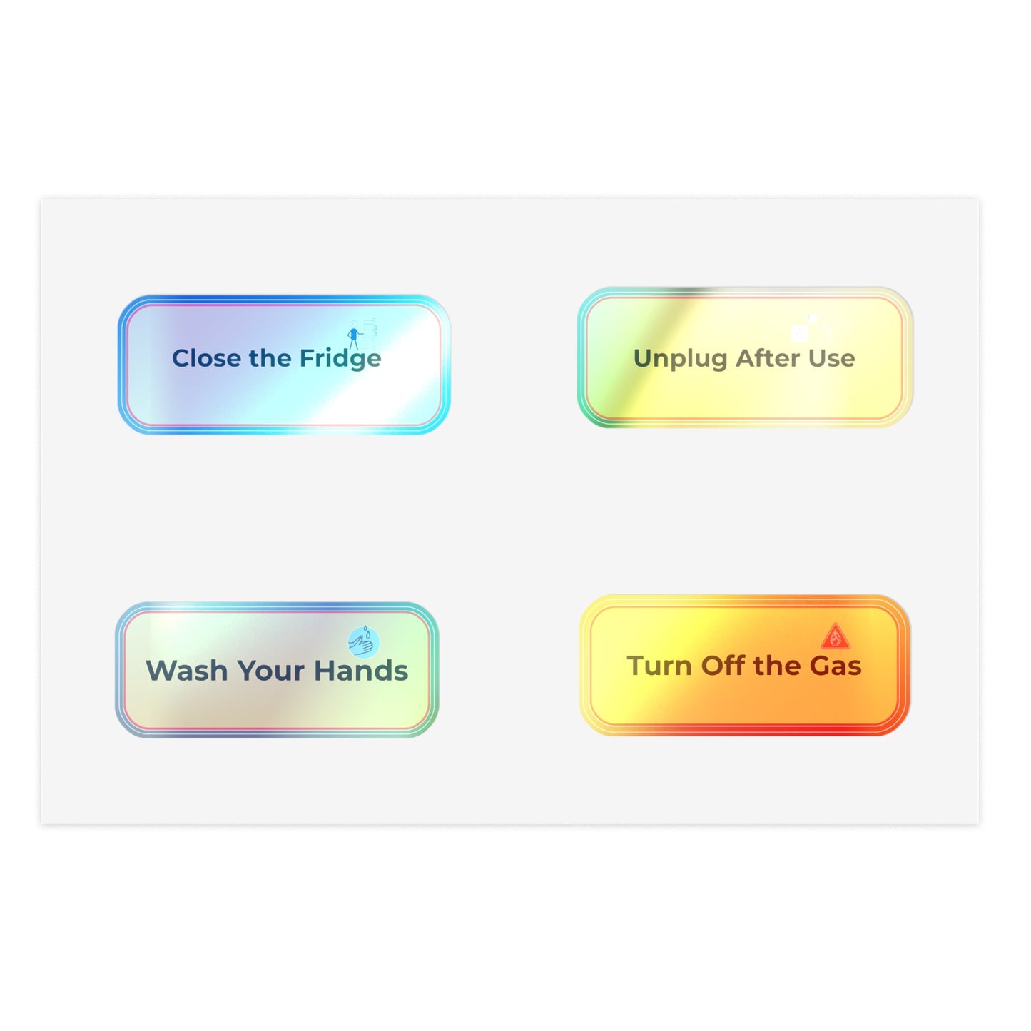 Set of safety instructions on colorful rectangular buttons with icons and text.
