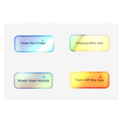 Set of safety instructions on colorful rectangular buttons with icons and text.