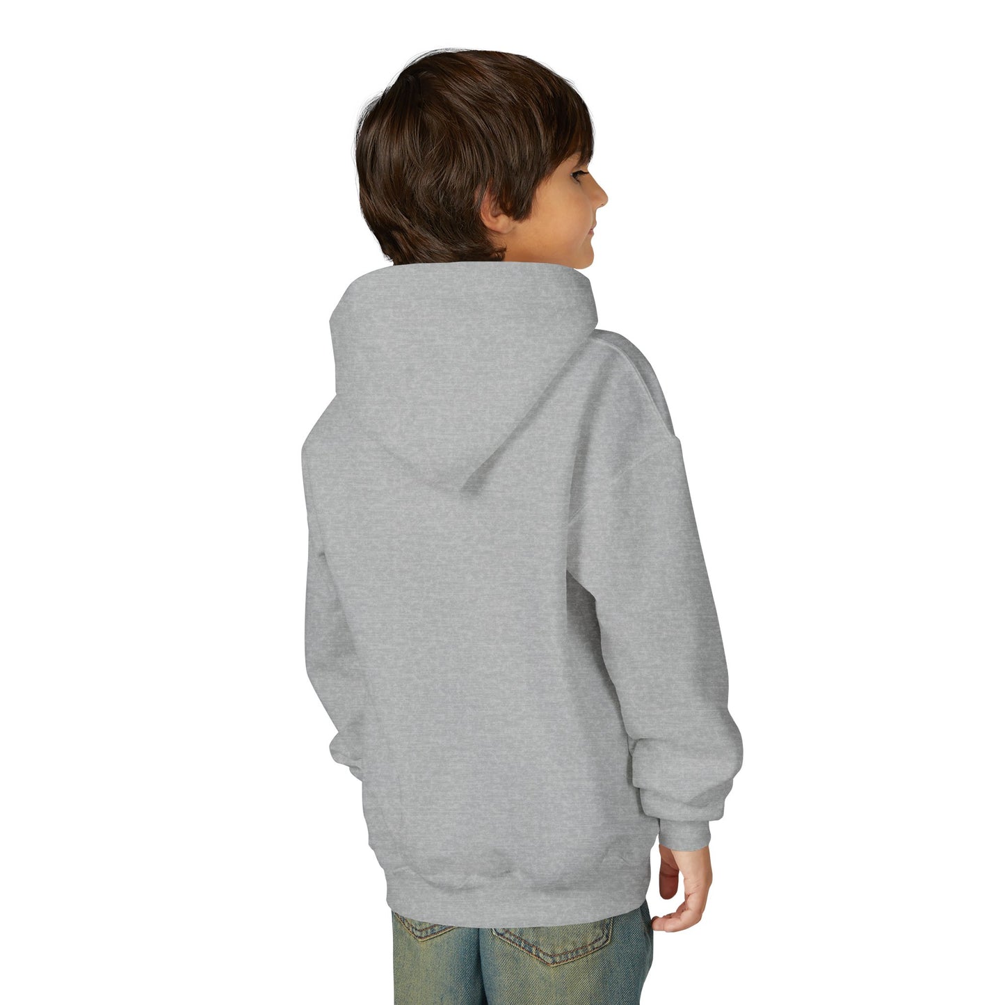 Child wearing a gray hoodie on a white background