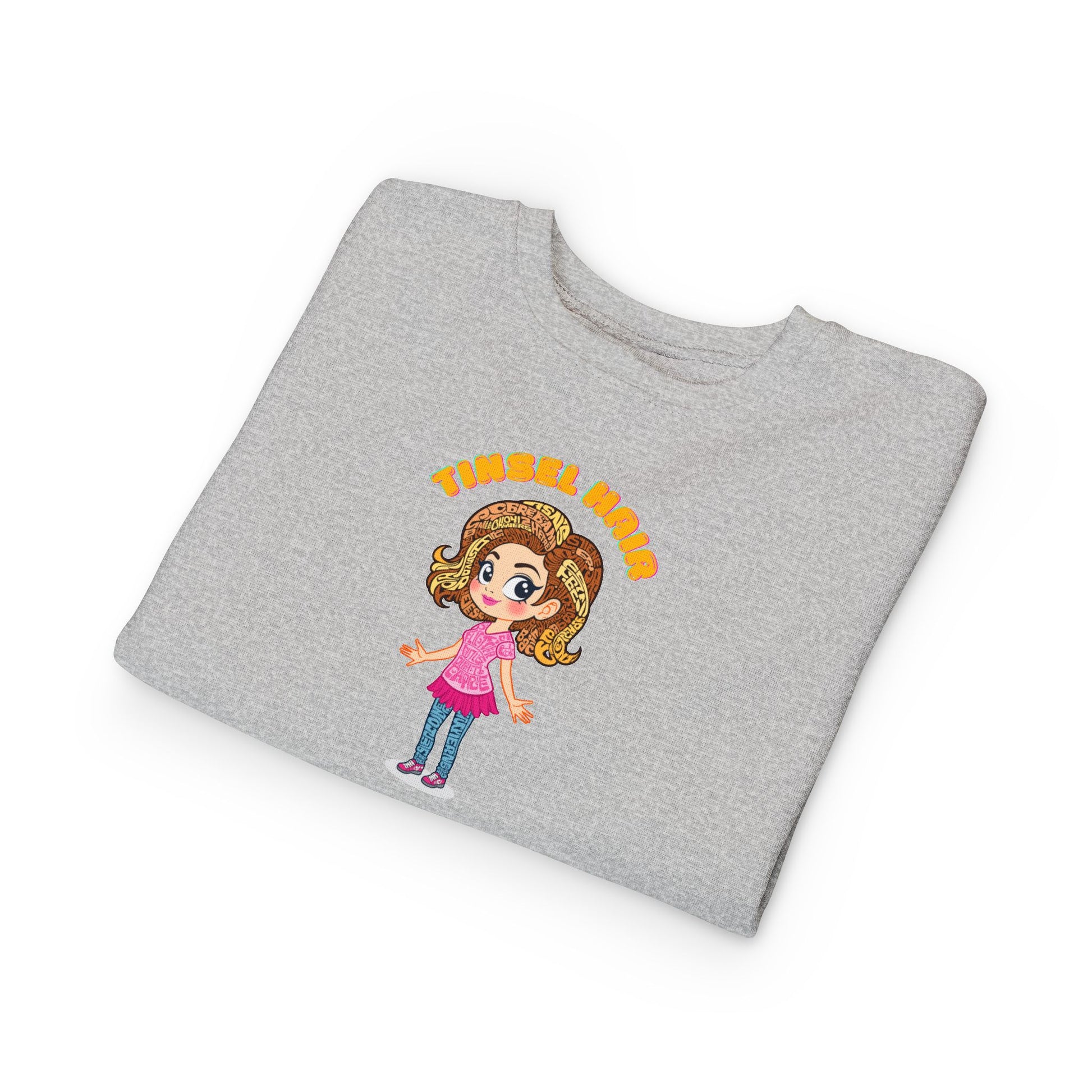 Folded gray t-shirt with cartoon character and text on a white background