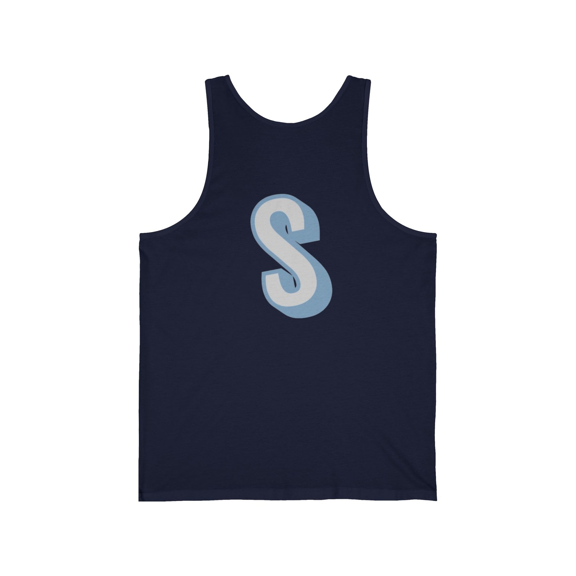 unisex tank top with a blue 'S' on a white background