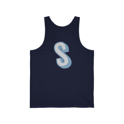 unisex tank top with a blue 'S' on a white background