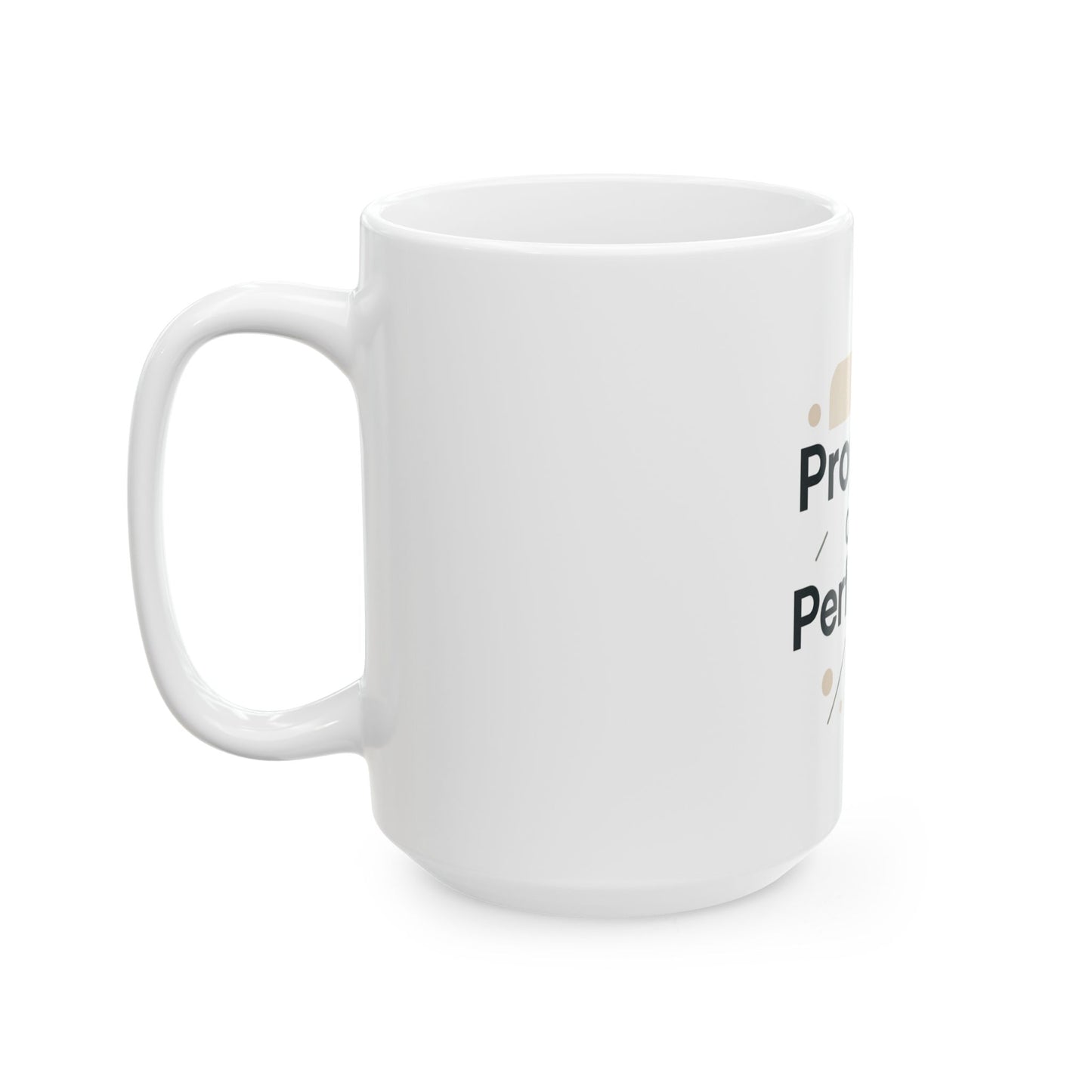 White mug with text on a white background