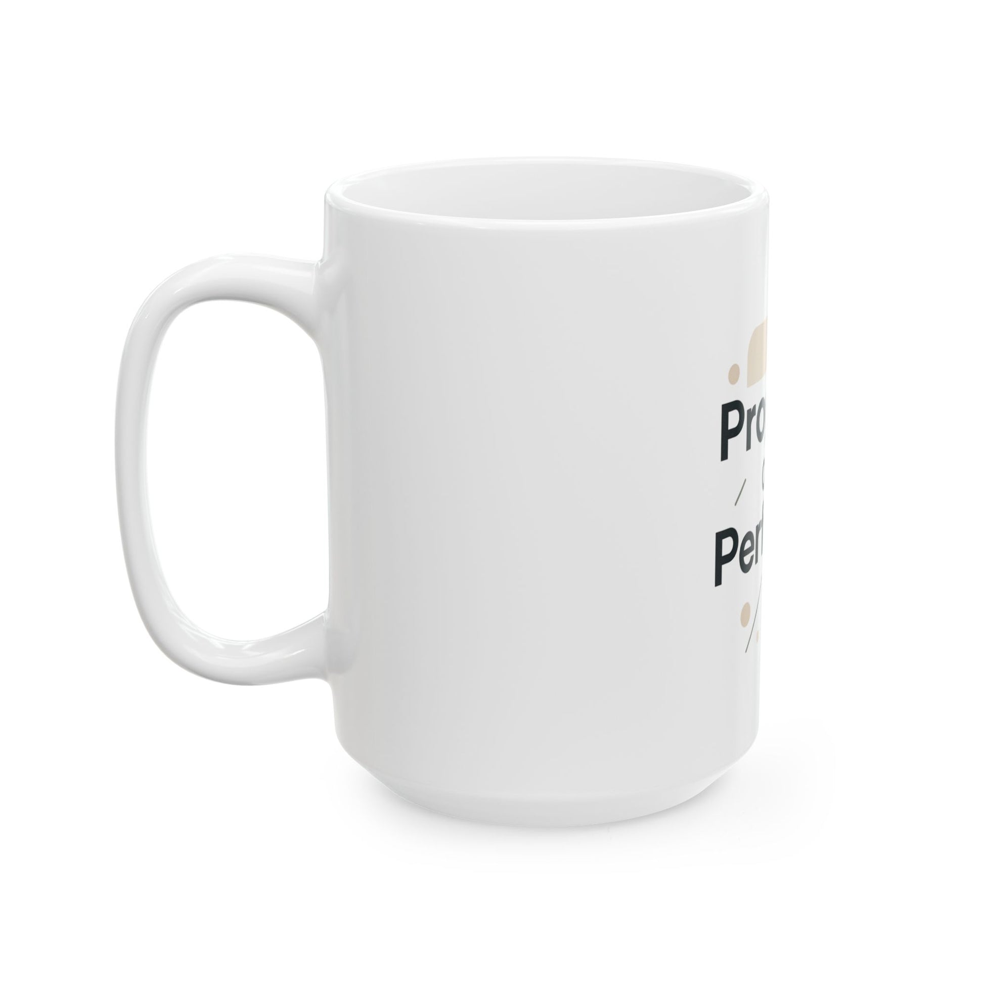 White mug with text on a white background