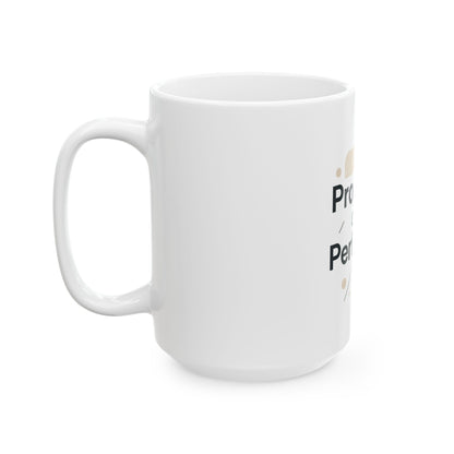 White mug with text on a white background
