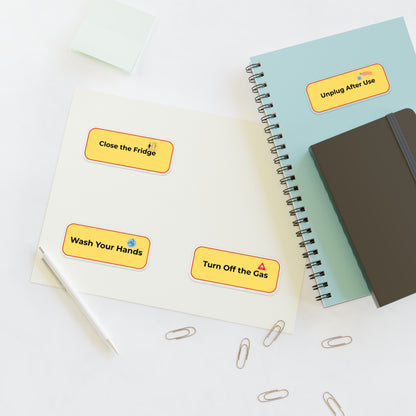 Notebooks with safety reminder stickers on a white surface