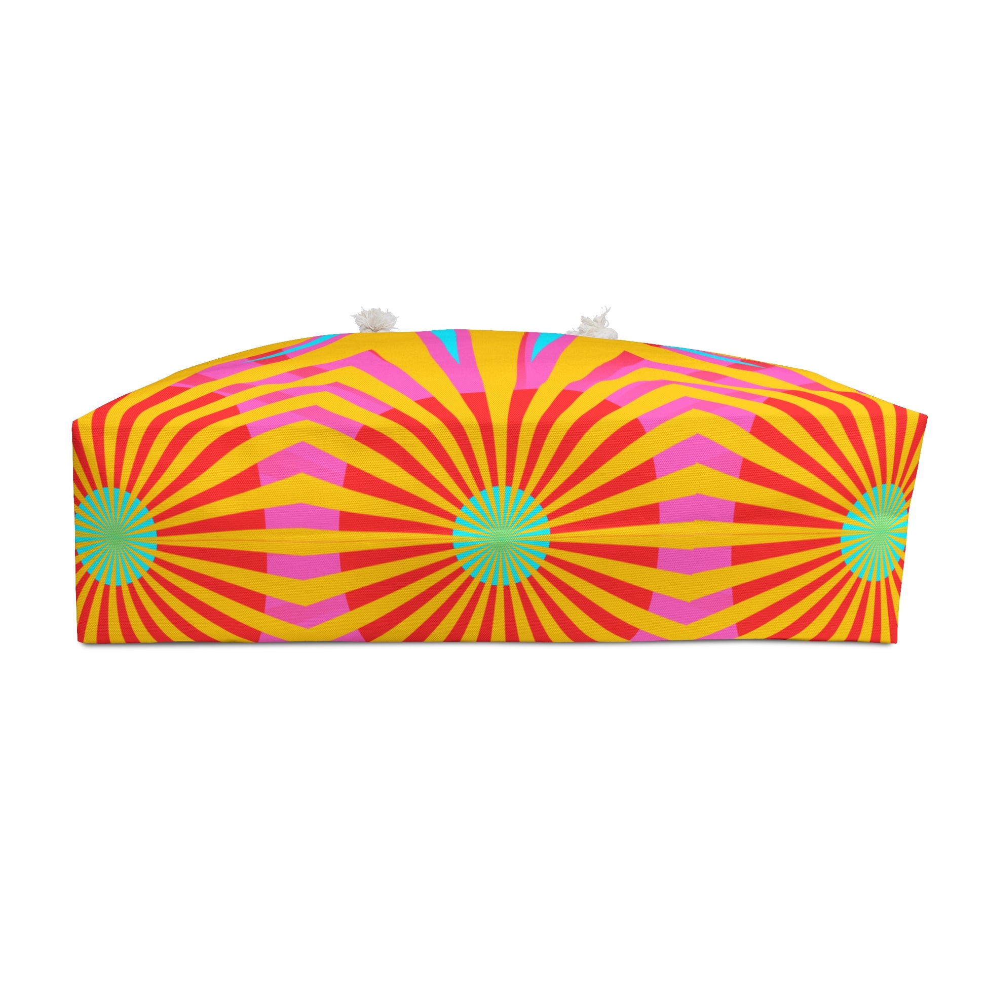 Colorful geometric print weekender bag – stylish and spacious travel accessory.