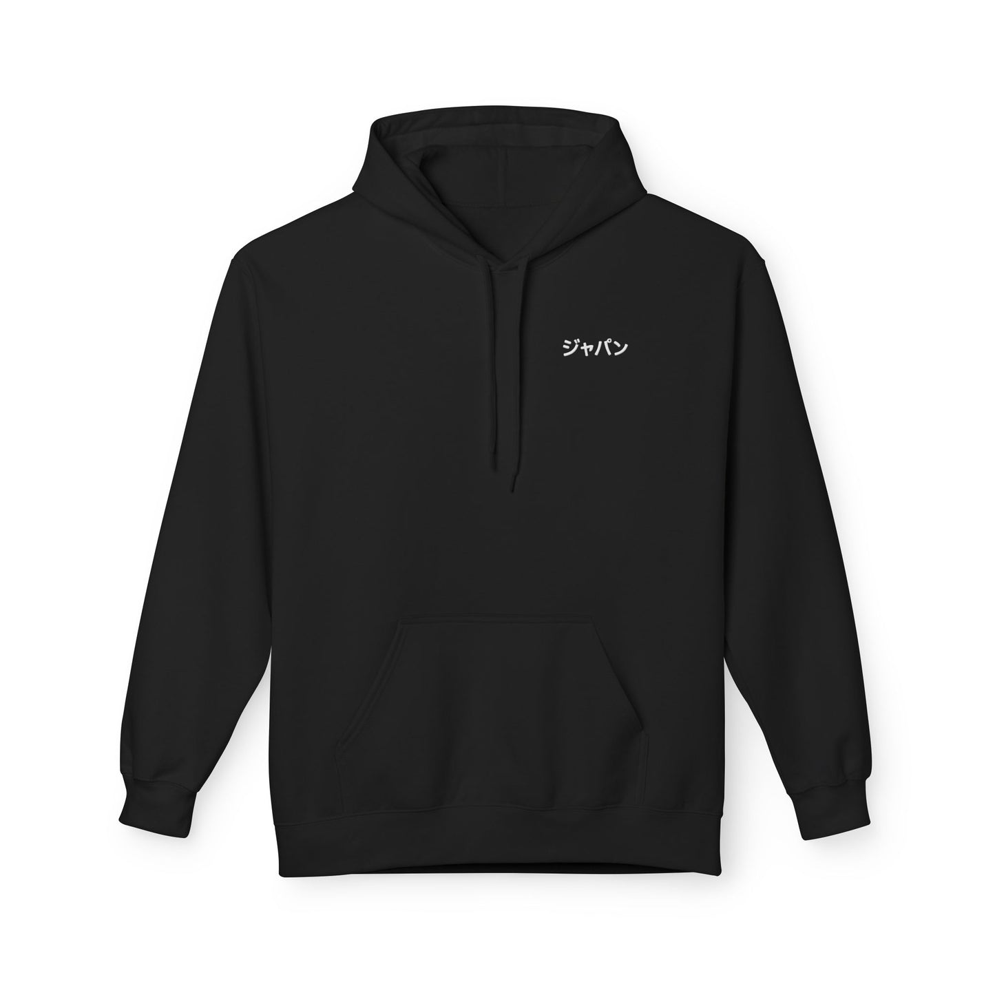 Black hoodie with a small logo on the chest against a white background