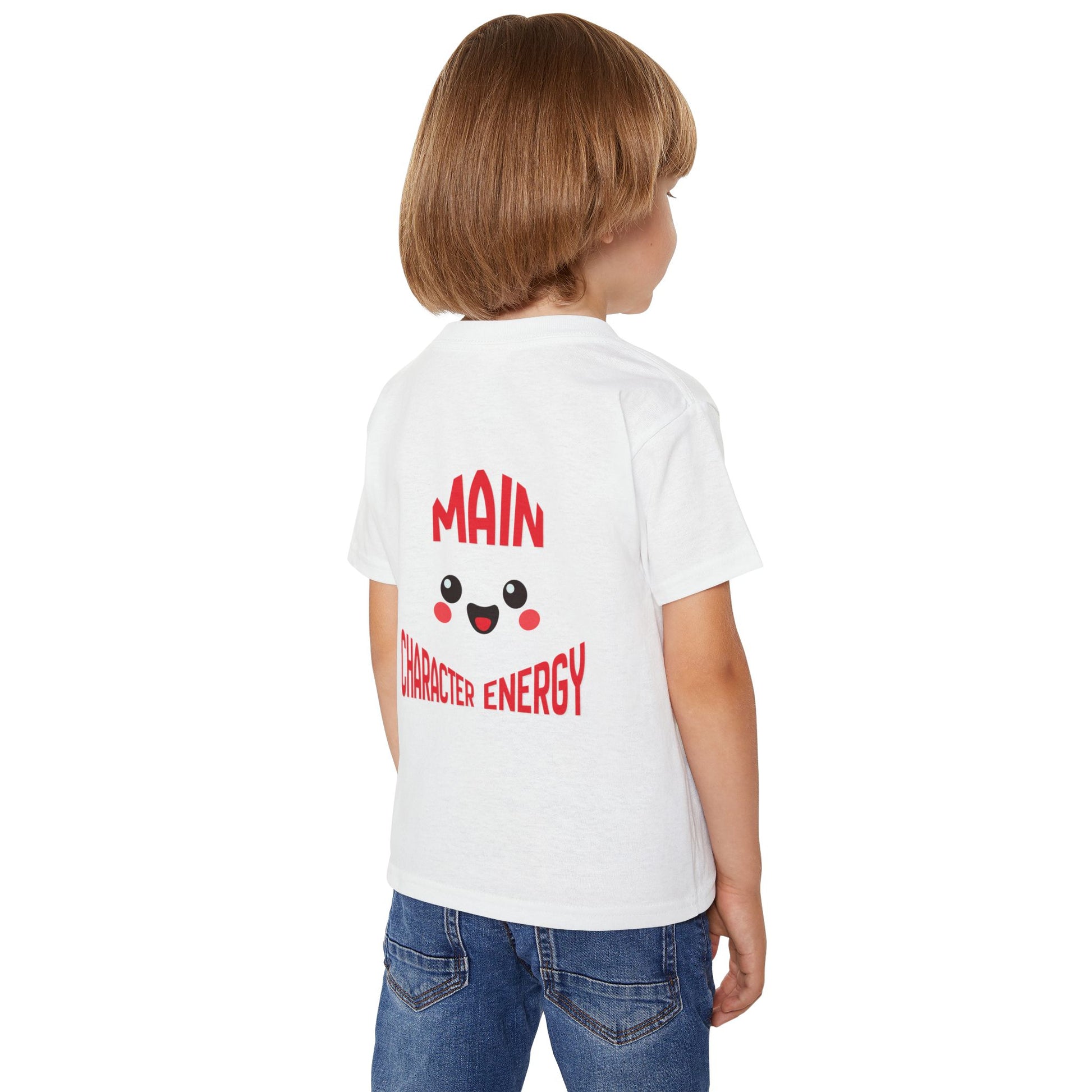 Kawaii smiley face with curved text Main Character Energy on the back of a baby t-shirt."