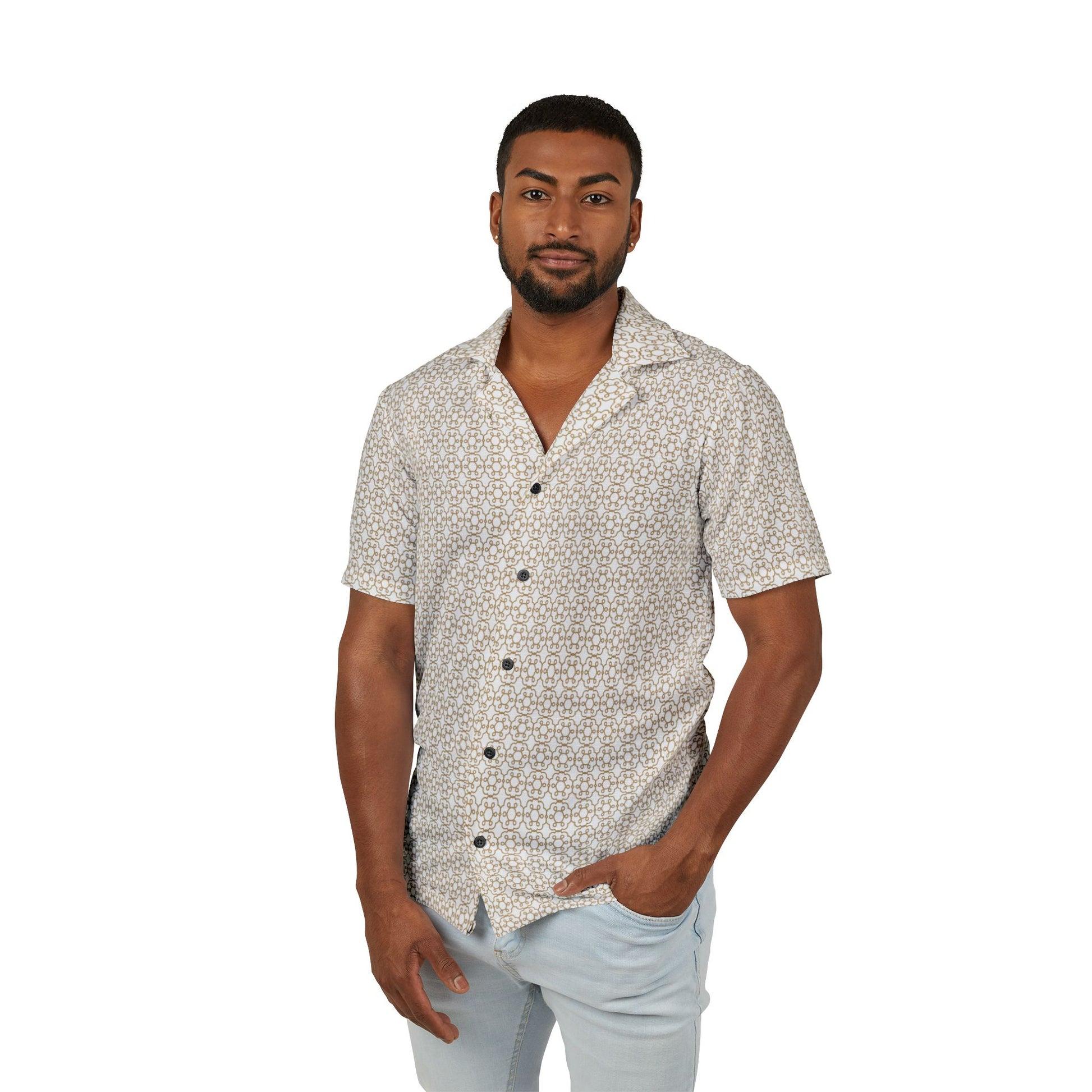 cream hawaiian camp shirt with brown geometric pattern