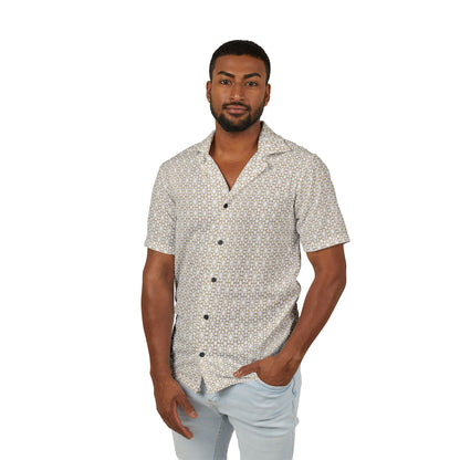 cream hawaiian camp shirt with brown geometric pattern