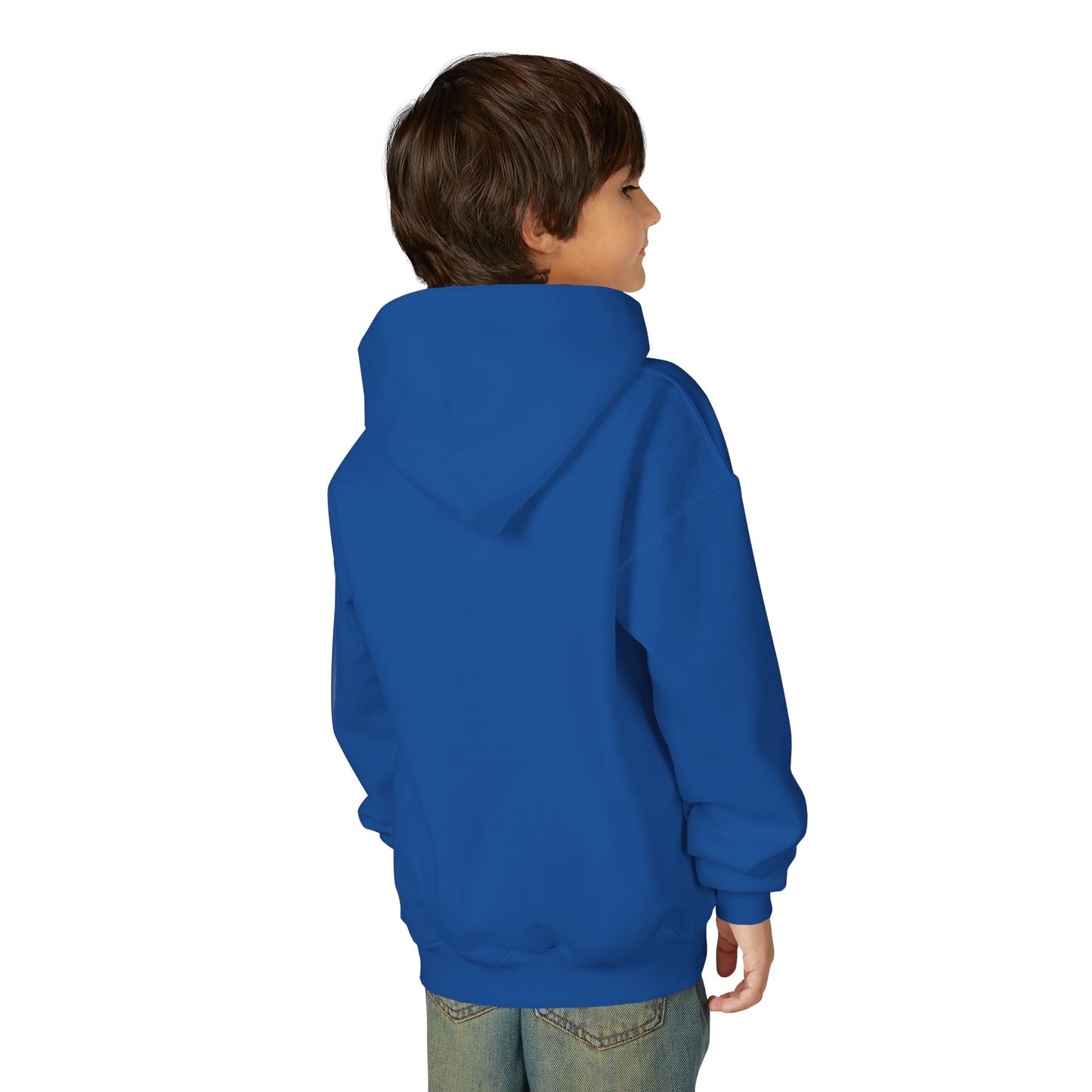 Child wearing a blue hoodie on a white background