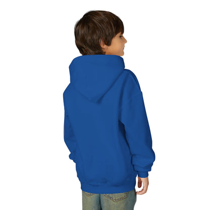 Child wearing a blue hoodie on a white background