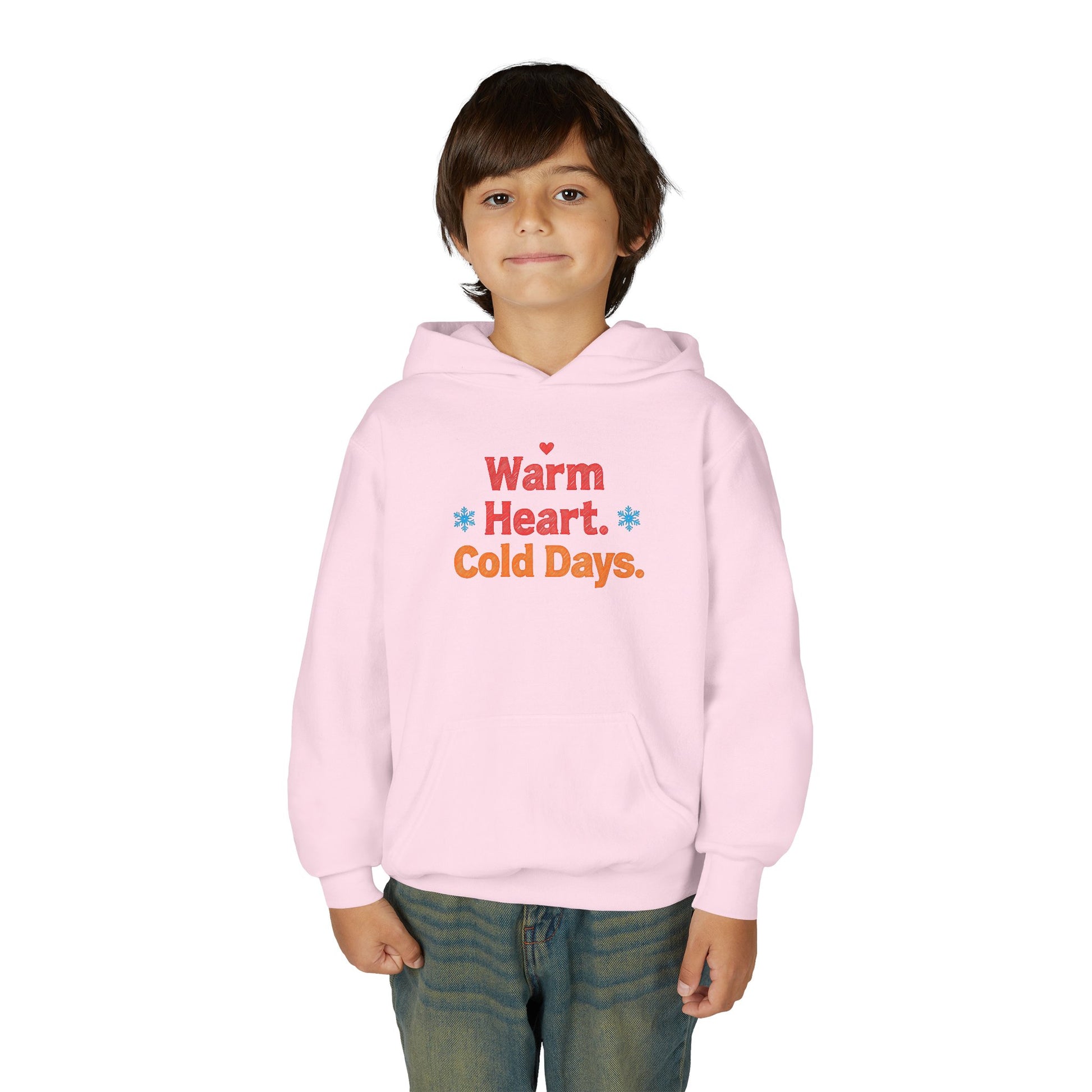 Child wearing a pink hoodie with text on a white background