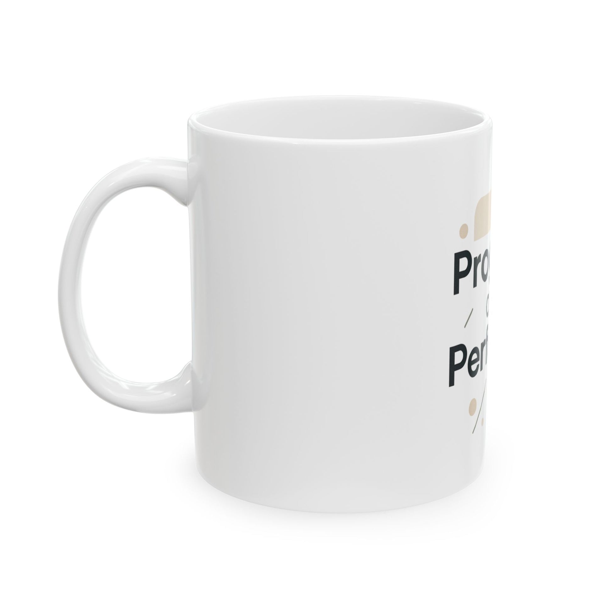 White mug with text and a small graphic on a white background