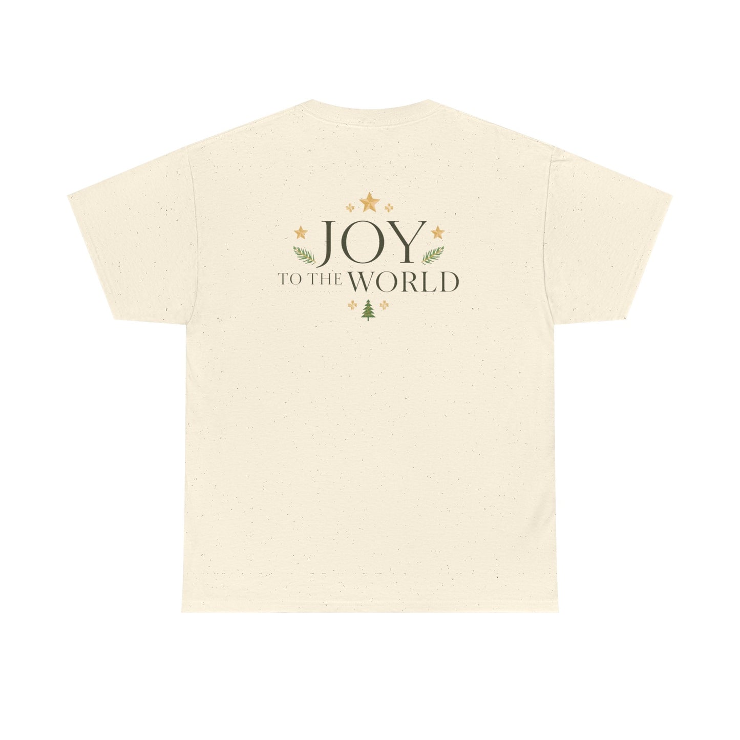 Minimalist Christmas T-shirt with golden stars and Joy to the World typography in elegant festive style
