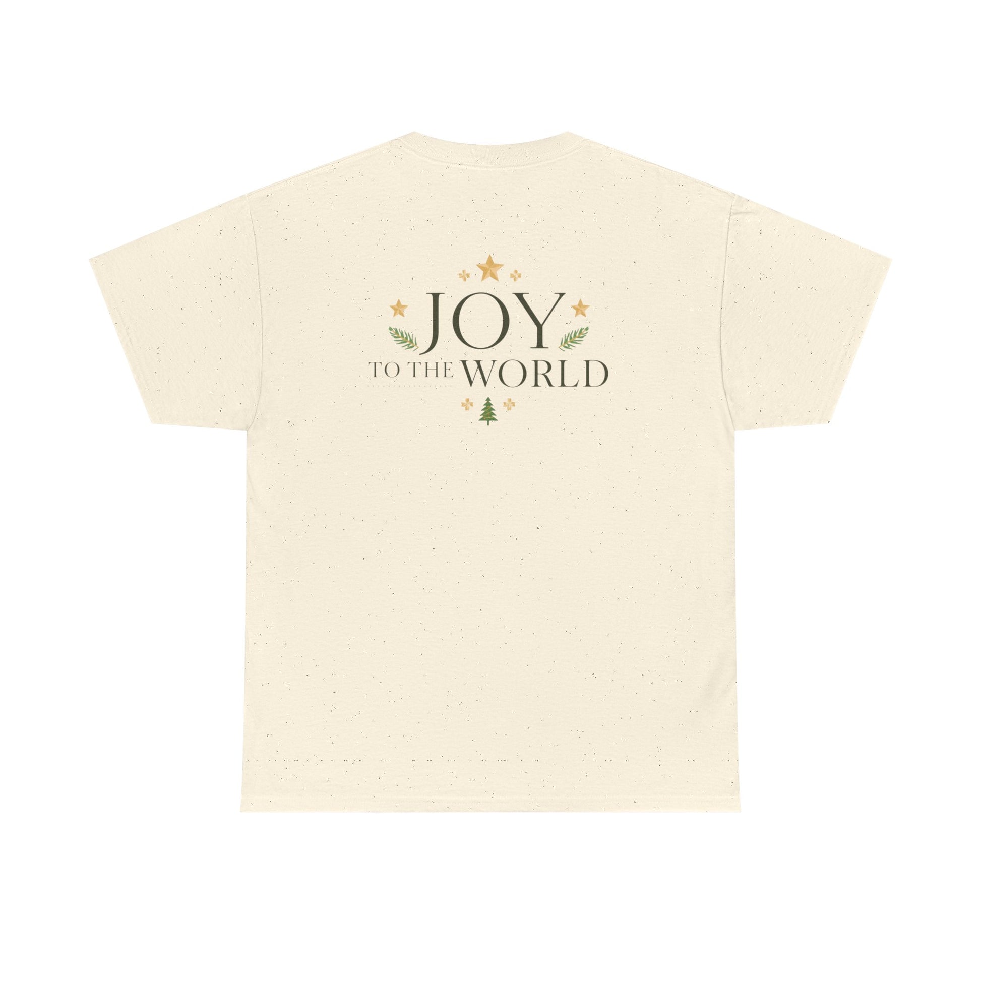 Minimalist Christmas T-shirt with golden stars and Joy to the World typography in elegant festive style