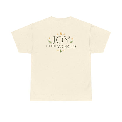 Minimalist Christmas T-shirt with golden stars and Joy to the World typography in elegant festive style