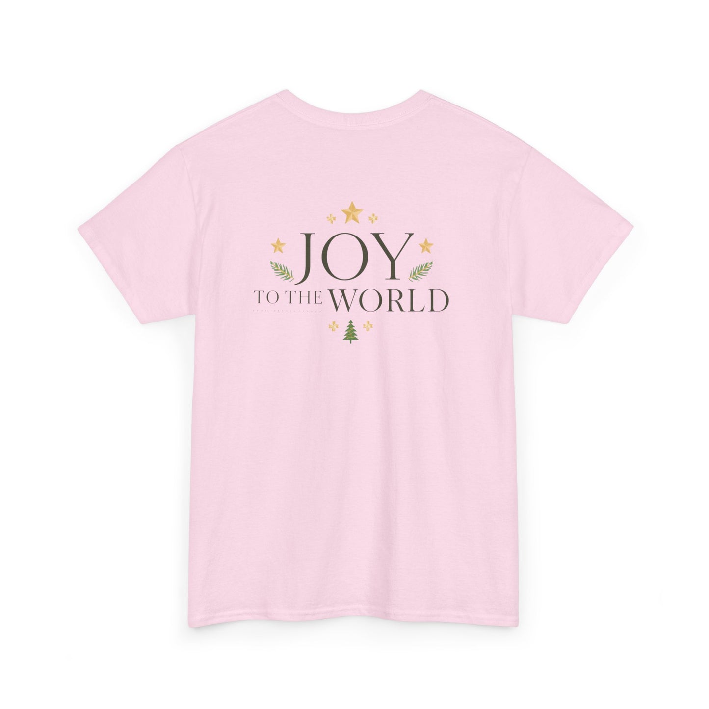 Minimalist Christmas T-shirt with golden stars and Joy to the World typography in elegant festive style