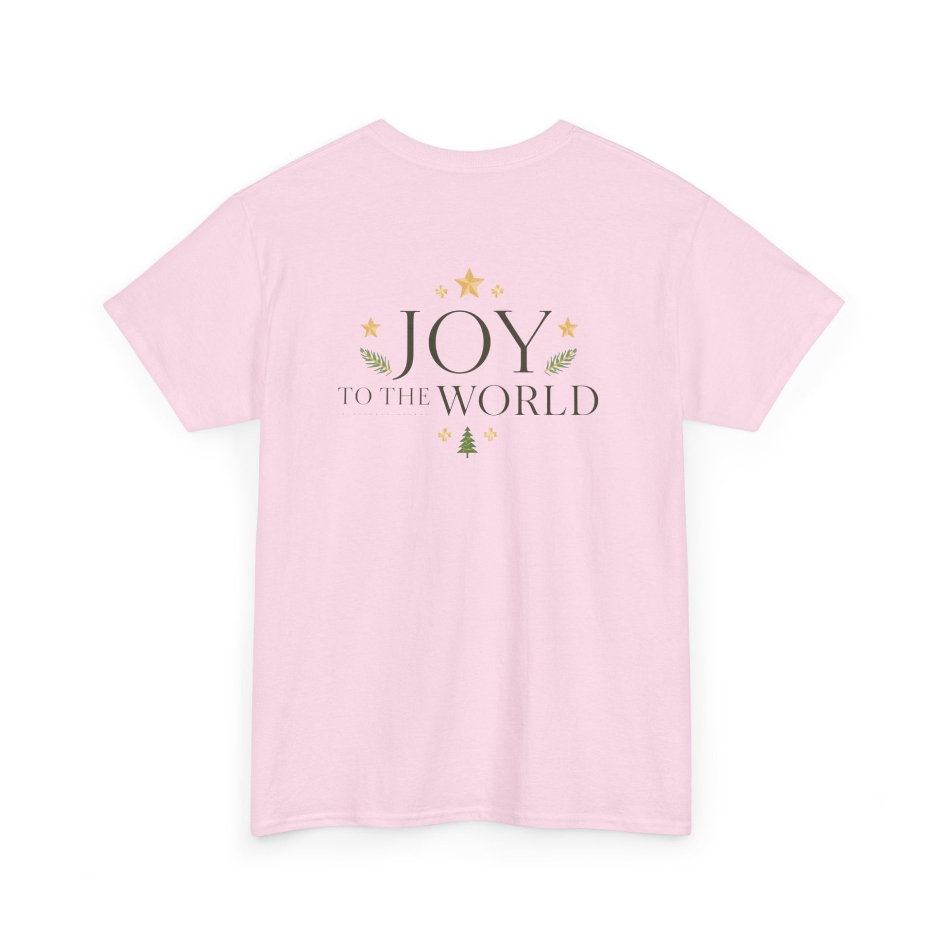 Minimalist Christmas T-shirt with golden stars and Joy to the World typography in elegant festive style