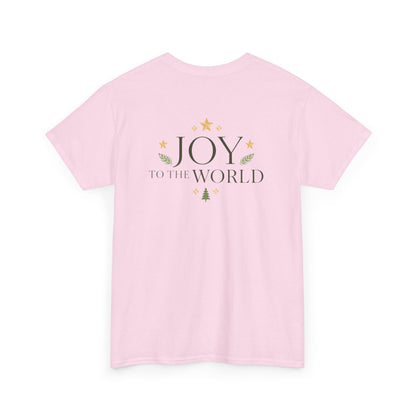 Minimalist Christmas T-shirt with golden stars and Joy to the World typography in elegant festive style