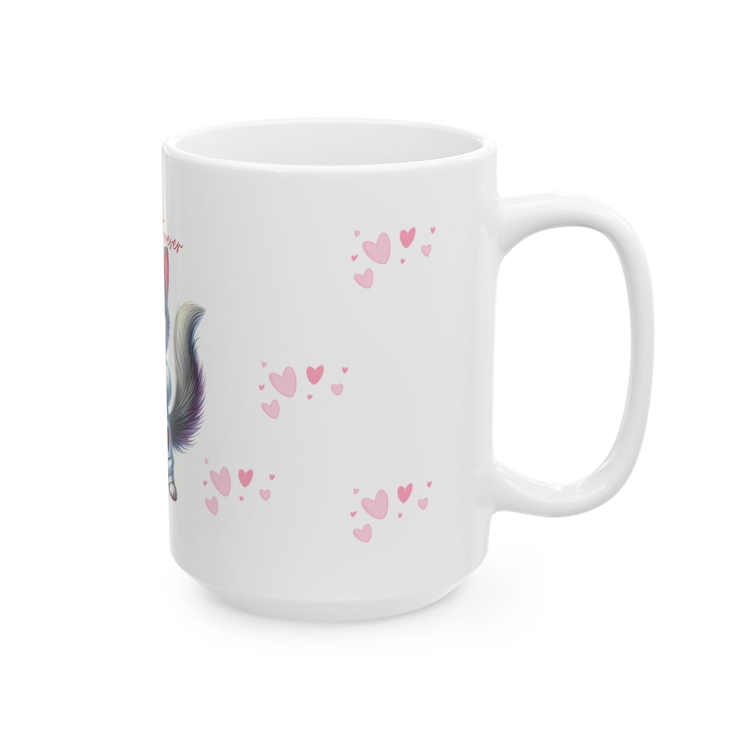 White mug with a horse and heart designs on a white background