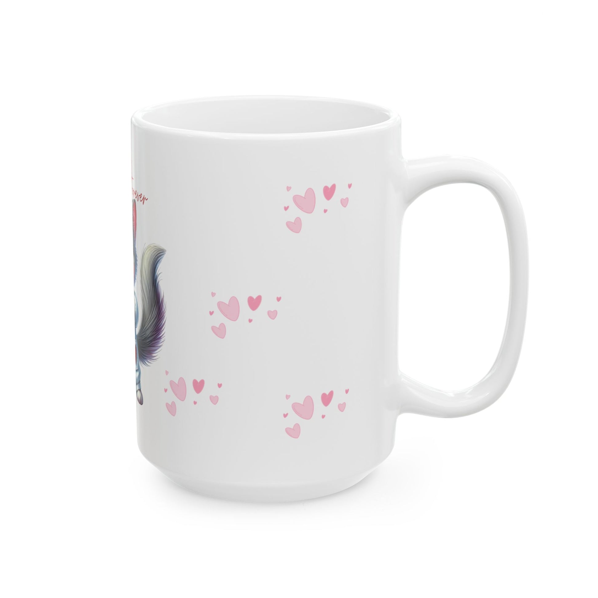 White mug with a horse and heart designs on a white background