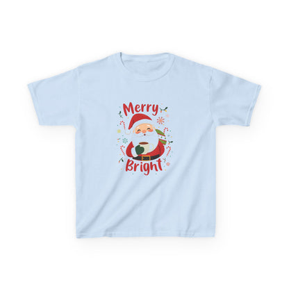 Light blue t-shirt with Santa Claus graphic and 'Merry Bright' text on a white background