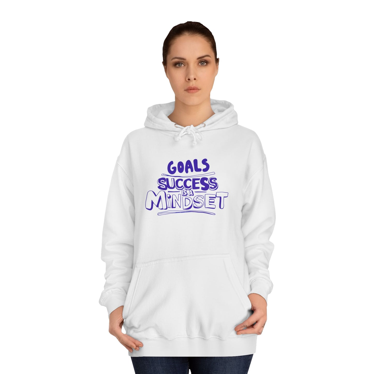 Person wearing a white hoodie with text on a white background