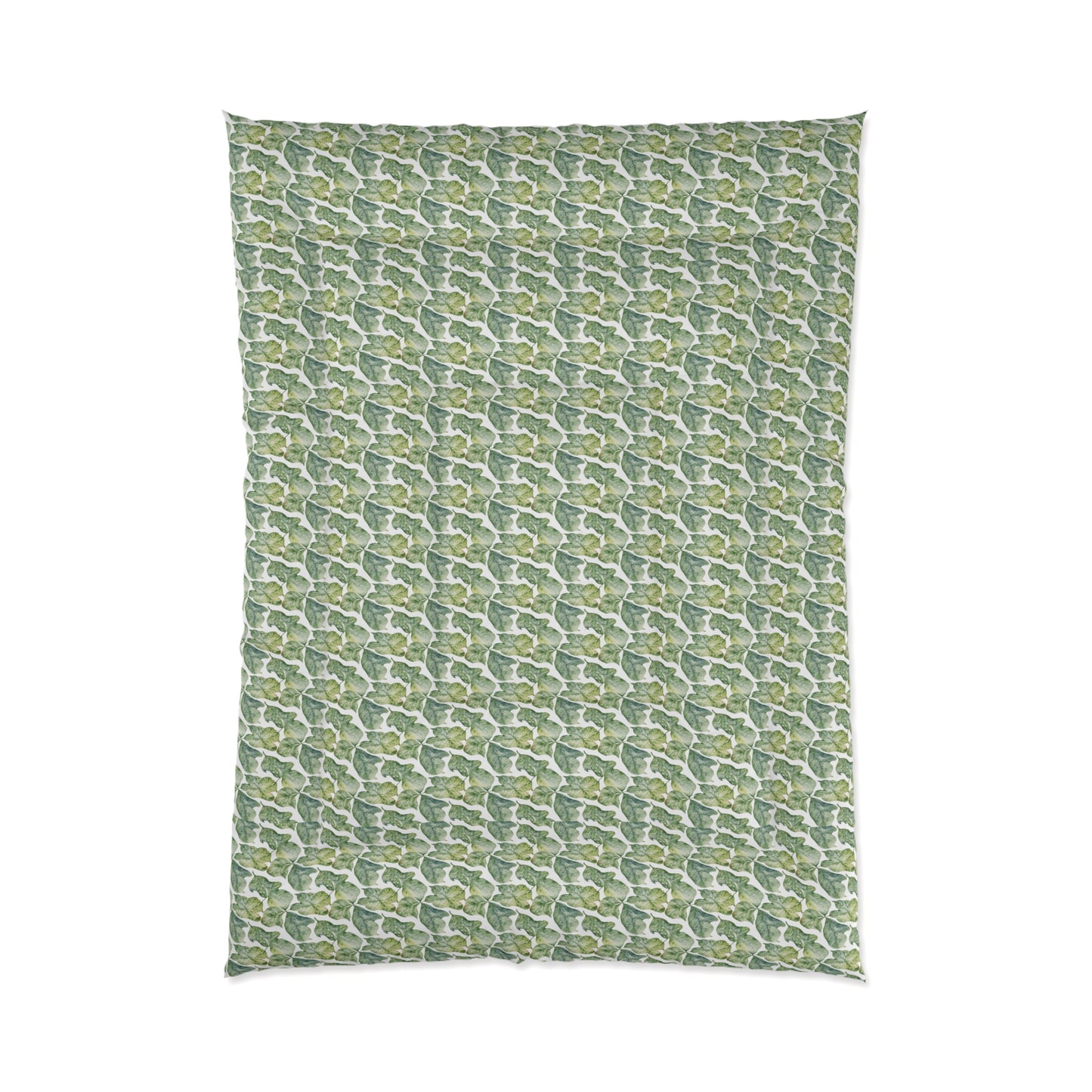 A comforter with a geometric pattern in shades of green and white, displayed against a white background.