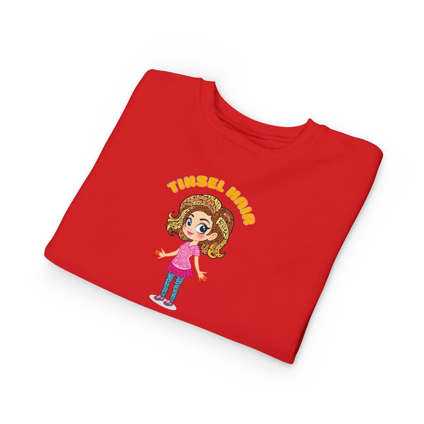 Folded red sweatshirt with cartoon character and 'Tinsel Kids' text on a white background