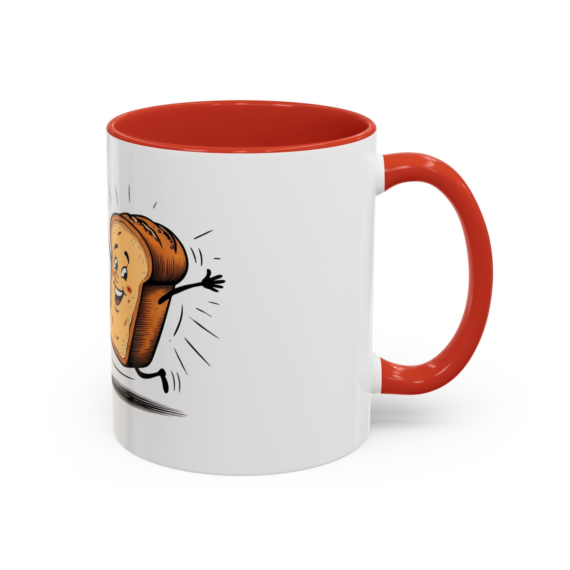 A white ceramic coffee mug with a red interior, featuring an illustration of a bread character with the words 'on a roll' and a smiling face.