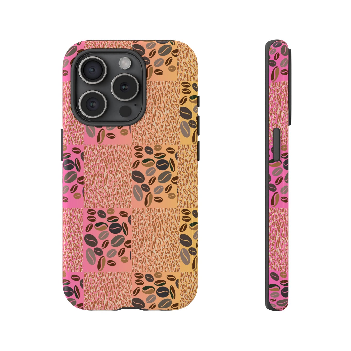 Glossy i phone 16 pro max case with coffee beans and tiger print – bold and energizing style