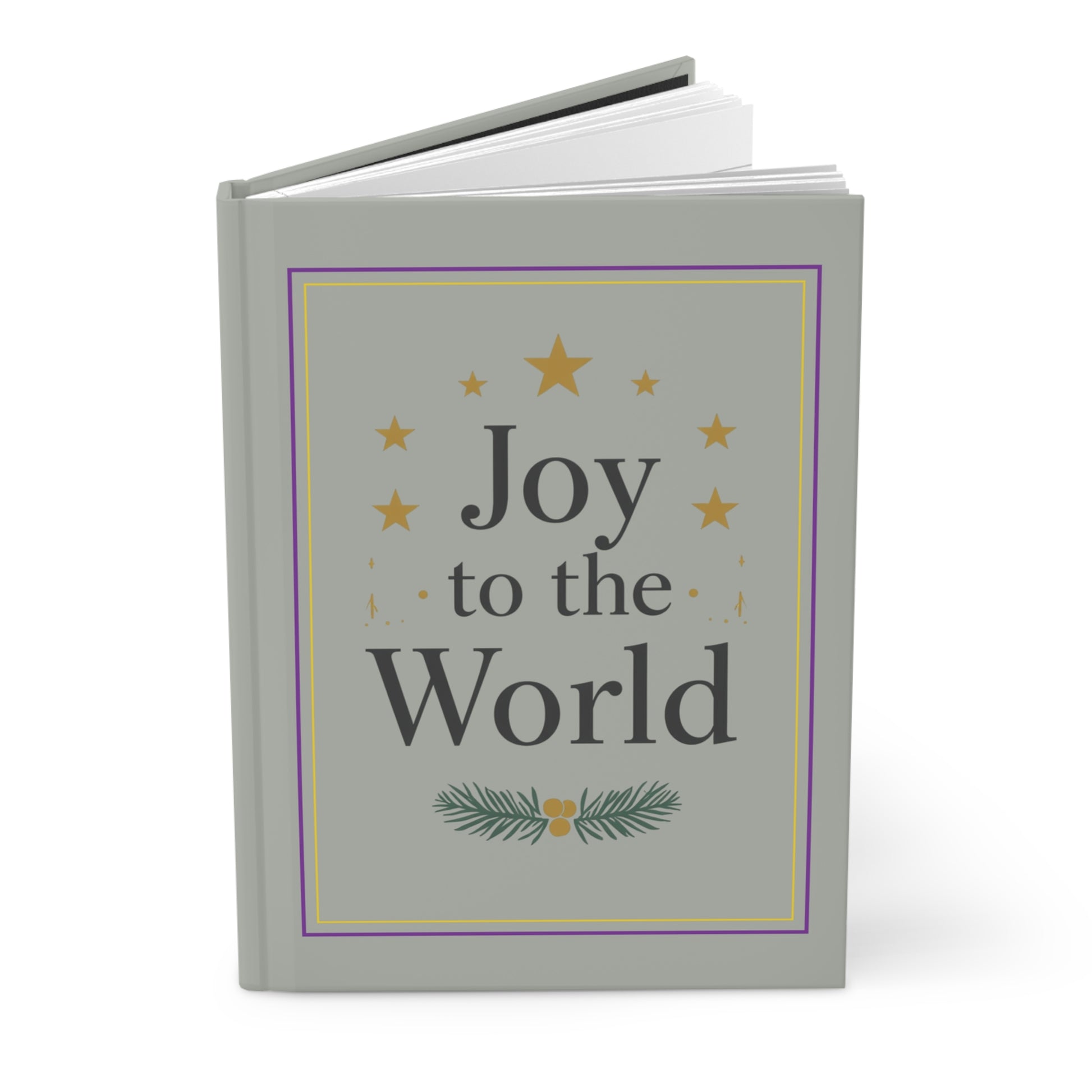 Book with 'Joy to the World' text on a gray cover with decorative elements