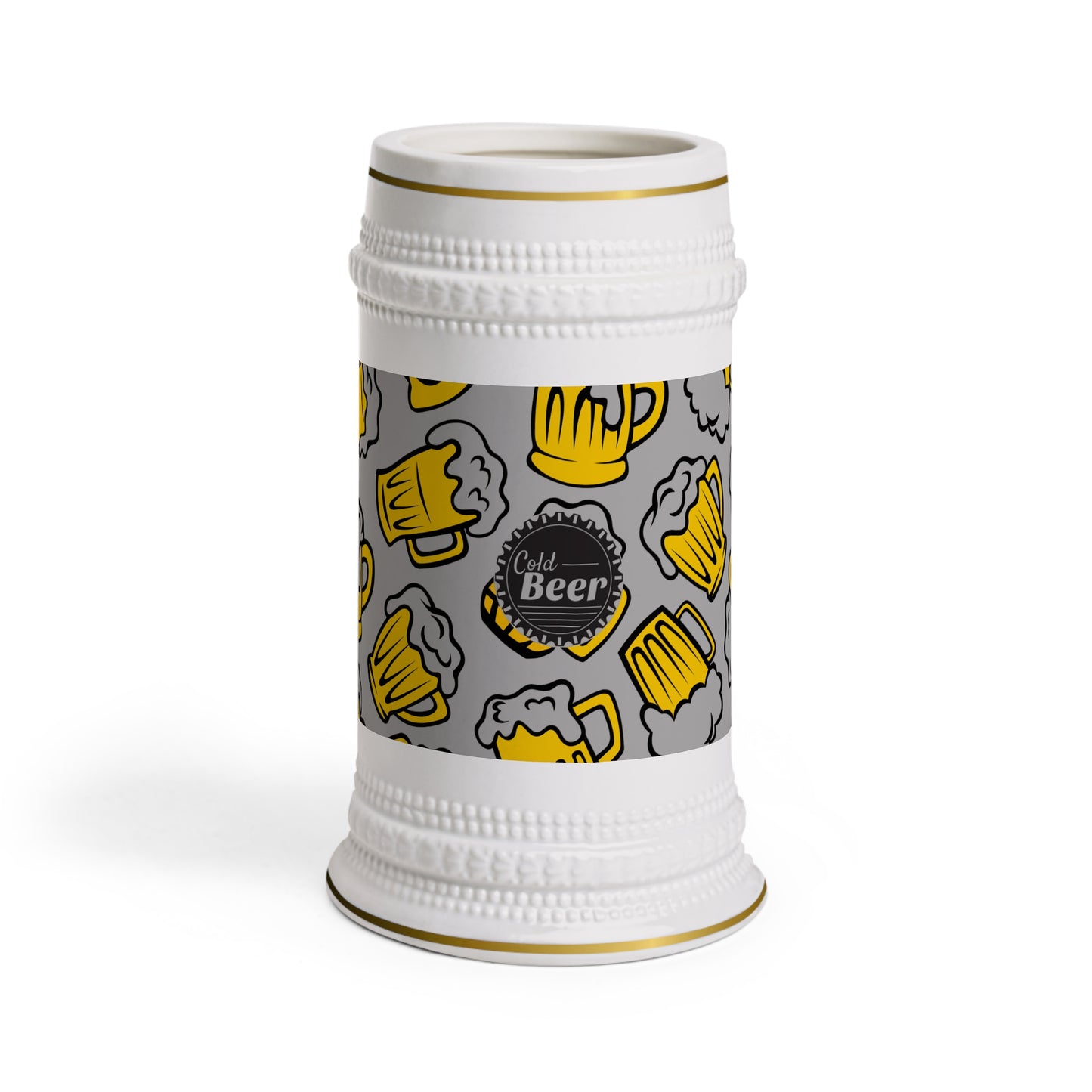 Ceramic beer stein with yellow beer mug illustrations and Cold Beer text in the center

