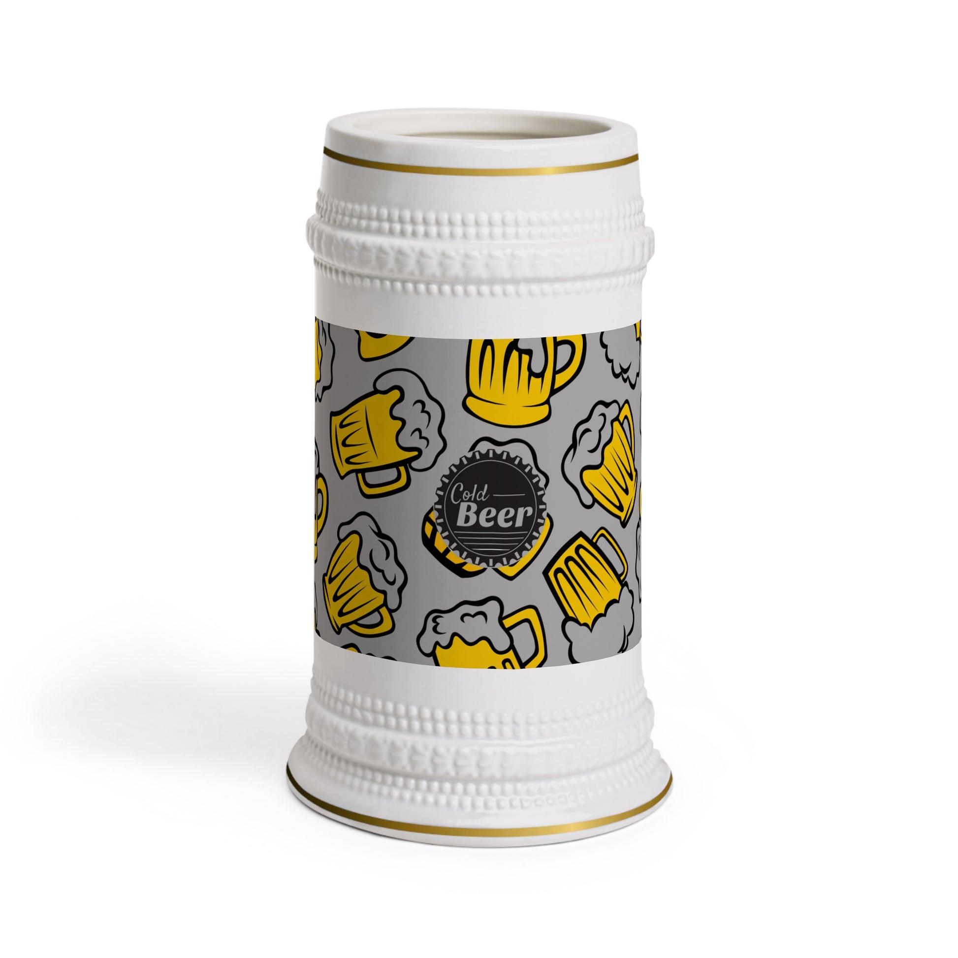 Ceramic beer stein with yellow beer mug illustrations and Cold Beer text in the center

