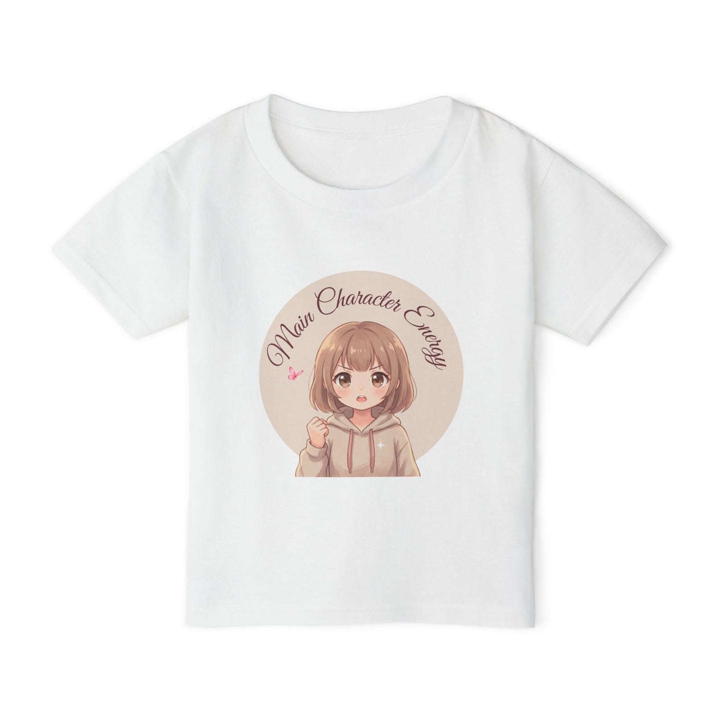 Cute anime girl graphic baby t-shirt with text Main Character Energy, front view."