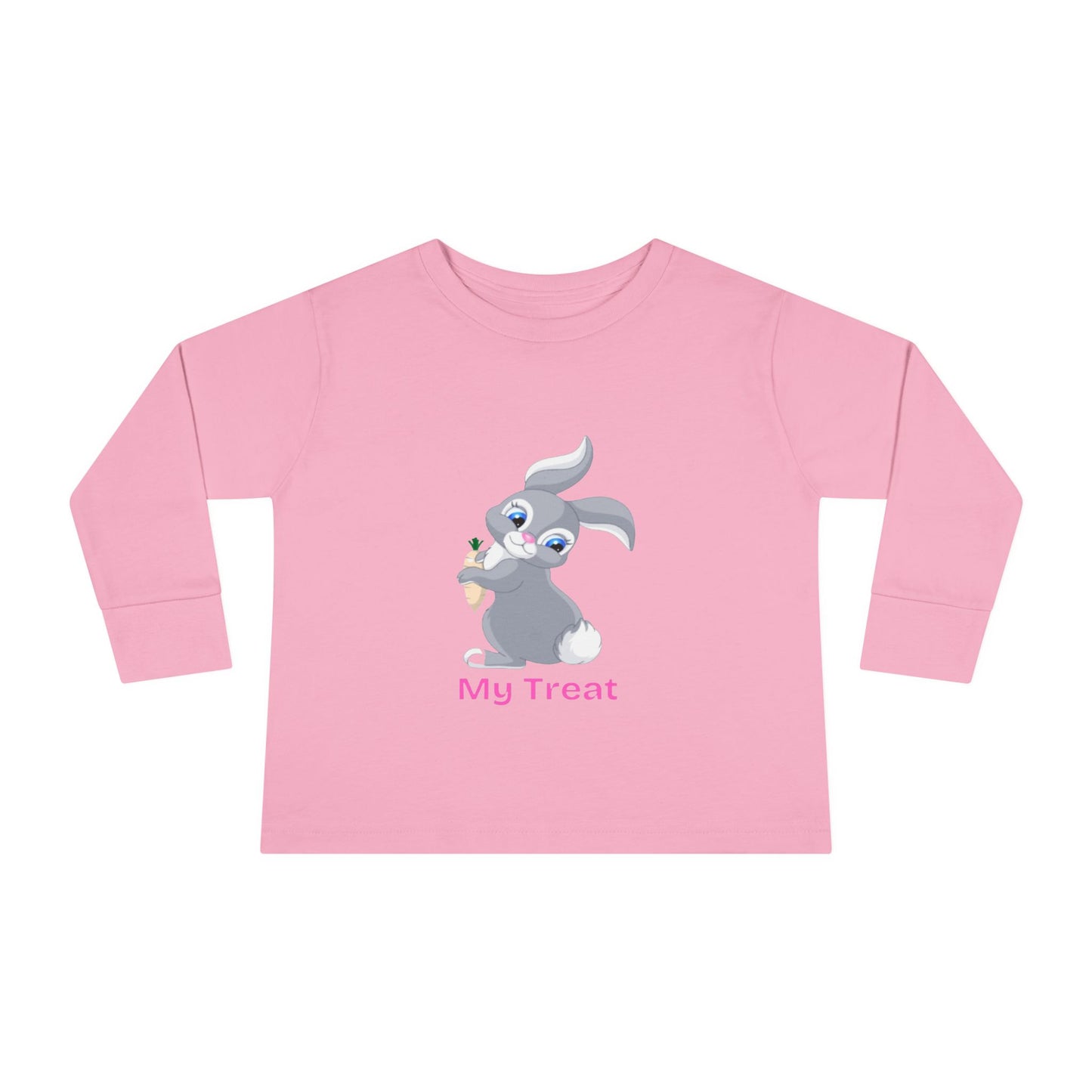 Pink long-sleeve shirt with a cartoon bunny and 'My Treat' text on a white background