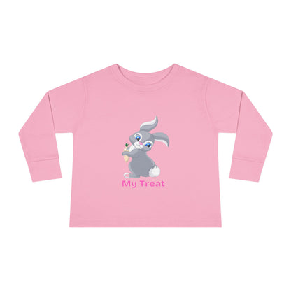 Pink long-sleeve shirt with a cartoon bunny and 'My Treat' text on a white background