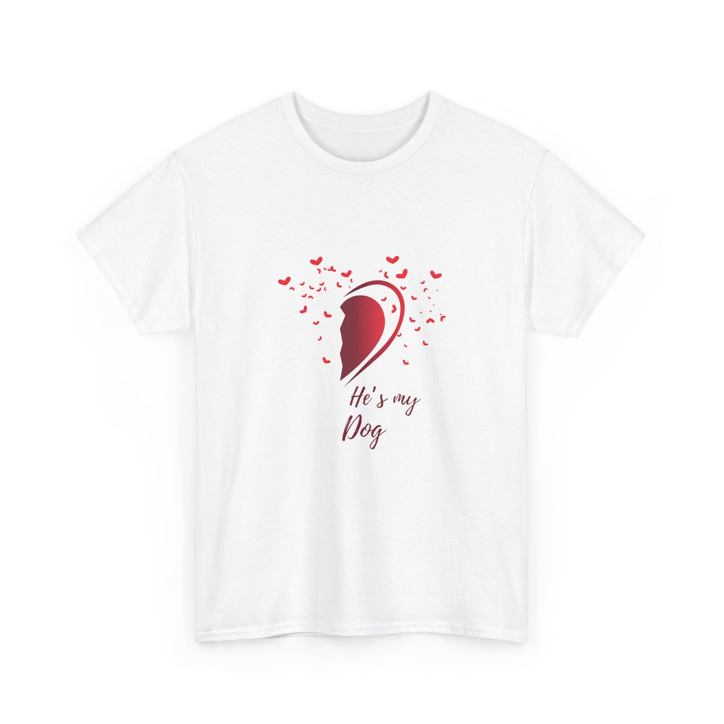 White t-shirt with red graphic and text 'He's my dog' on a white background