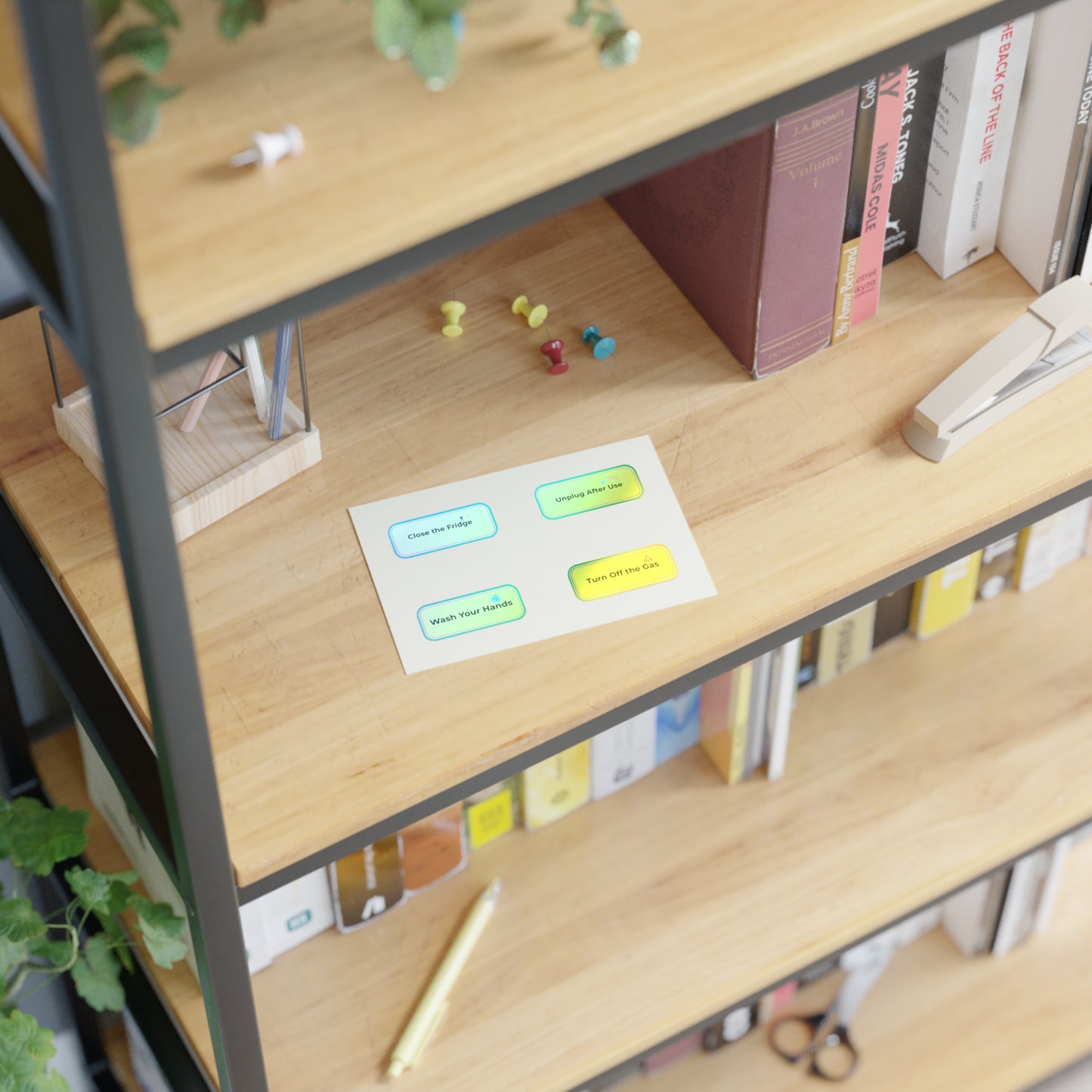 Wooden shelf with books, stationery, and a sheet of colorful labels.