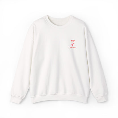 White sweatshirt with a red logo on a white background