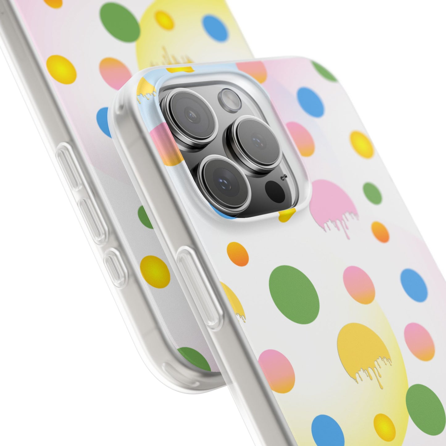 Phone case with colorful polka dot pattern on a white background